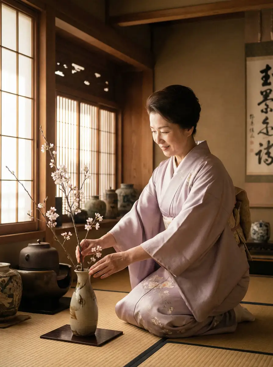 一位优雅的 尊龙凯时平台 在和室中插花